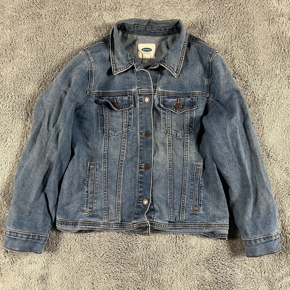 Old Navy Trucker Jacket Womens Large Blue Denim Stretch Long Sleeve Button Front